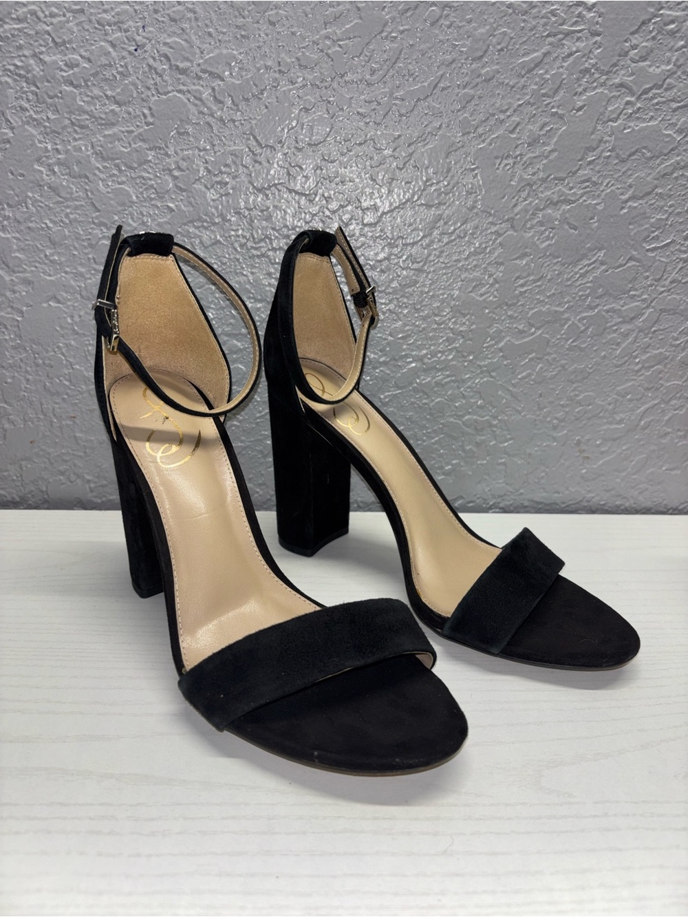 Classic Black Suede Ankle-Strap Block Heel Sandals